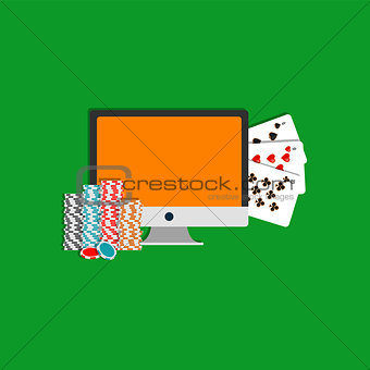 Internet poker illustration. Monitor, cards and poker chips. Online gambling icon.