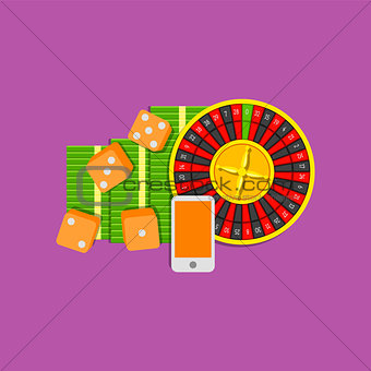 Online gambling flat illustration colored on purple background. Roulette, dice cubes, mobile phone and bundle of cash. Vector concept.