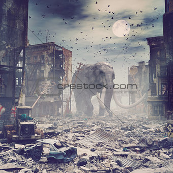 giant elephant in destroyed city