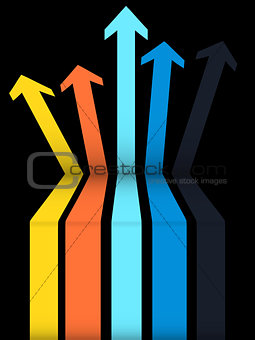 Set of coloured arrows going up on black background