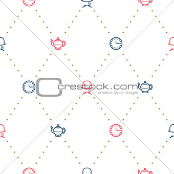 English tea party elegant red and blue on white line vector pattern.