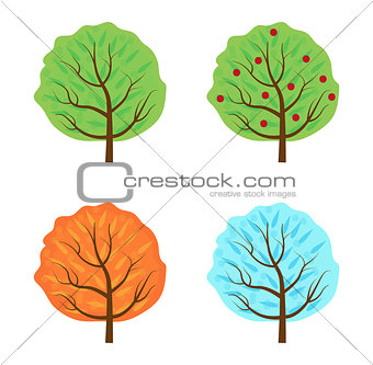 Trees set the seasons icon flat style. Isolated on white background. Vector illustration.