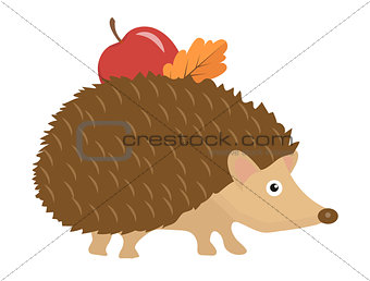 Cute hedgehog with apple and leaf on thorns, icon flat or cartoon style. Isolated on white background. Vector illustration.