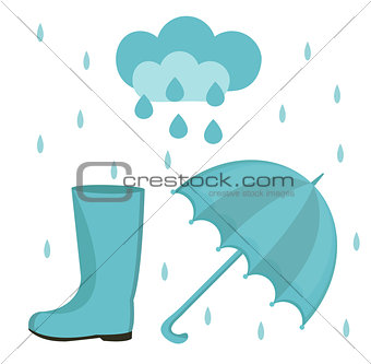 Rain set of flat or cartoon style. Autumn collection with umbrella, cloud, rubber boots. Isolated on white background. Vector illustration.