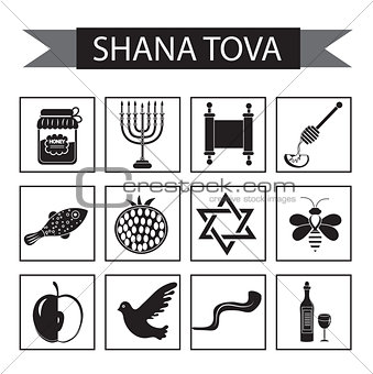 Set icons on the Jewish new year, black silhouette icon, Rosh Hashanah, Shana Tova. Cartoon icons flat style. Traditional symbols of Jewish culture. Vector illustration.