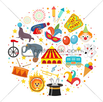 Circus icon set in round shape flat, cartoon style. Collection of elements with elephant, lion, Sealion, gun, clown, tickets. Isolated on white background. Vector illustration clip art.