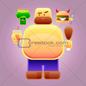 Fat man with burger and broccoli on his shoulders, vector image
