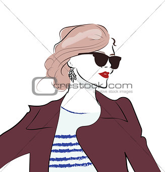 Stylish hand drawn girl in sunglasses. Fashion woman sketch