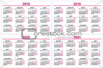 Set wall Calendar 2018, 2019, 2020, 2021 grid template