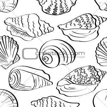 Seamless background, outline seashells