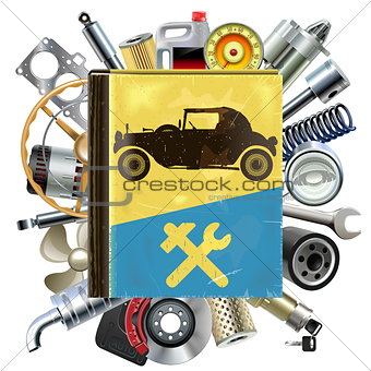 Vector Old Automobile Repair Book with Car Spares