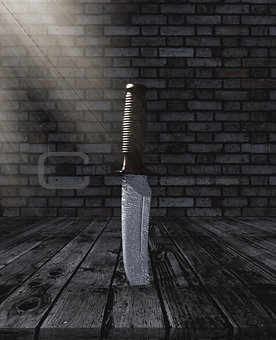 3D knife stuck in a wooden table in a grunge brick room