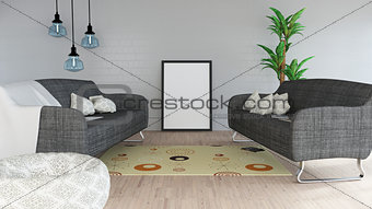 3D modern lounge interior with blank picture frame