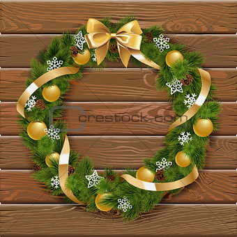 Vector Christmas Wreath on Wooden Board 1