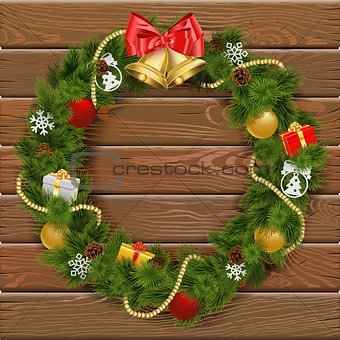 Vector Christmas Wreath on Wooden Board 2