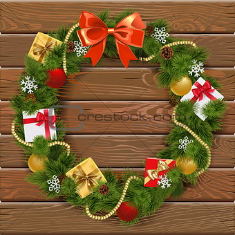 Vector Christmas Wreath on Wooden Board 5