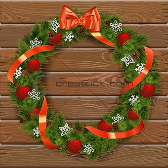 Vector Christmas Wreath on Wooden Board 7