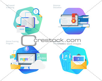 Material design icons set for distance education, audio and video library, online training and courses, self-paced e-learning