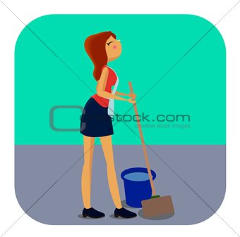 Cleaning Woman with Mop and Bucket