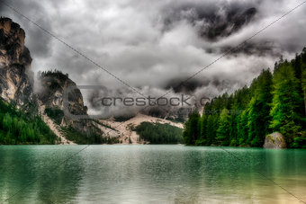 Lake of Braies in a cloudy morning