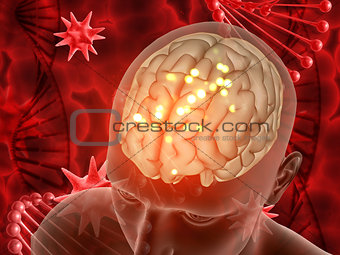3D medical background with male figure and brain