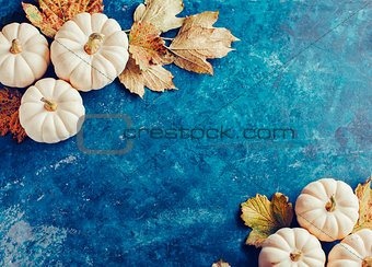 Decorative pumpkins on blue shabby background.