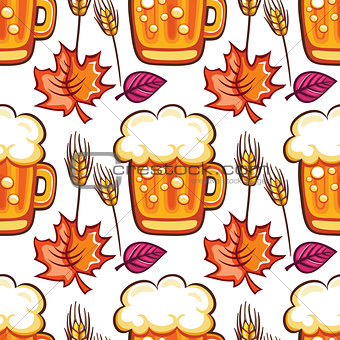 Oktoberfest Beer seamless pattern. Cartoon beer mugs , wheat and fall leaves. Vector