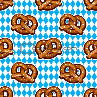 Seamless pattern with pretzels for Oktoberfest on Bavarian flag background.