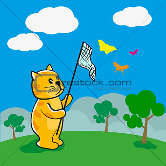 Cat is catching butterflies vector illustration.