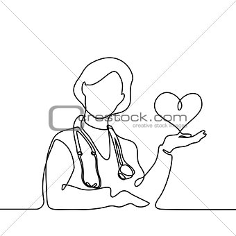 Doctor with stethoscope treat patient woman.