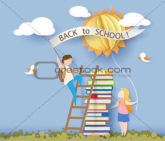 Back to school card with kids, books and sun