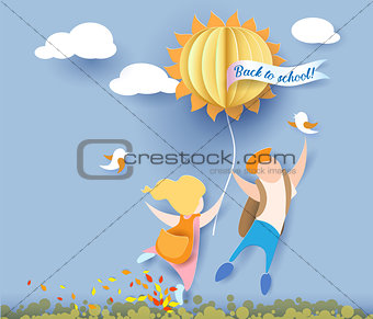 Back to school card with kids, leaves and sun