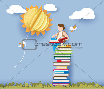 Back to school card with boy, books and sun