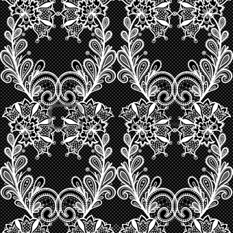White lace seamless pattern on black background.