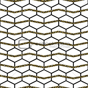 Honey comb cells vector gold glitter seamless pattern.