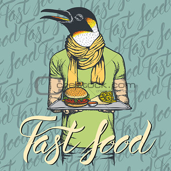 Vector Illustration of penguin with burger and French fries