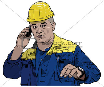 Worker in Blue Work Suit Calls