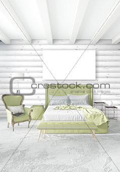 White bedroom minimal Interior design with wood wall and copyspace into an empty frame. 3D Rendering. 3D illustration