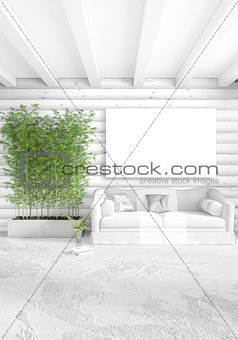 White bedroom minimal Interior design with wood wall and copyspace into an empty frame. 3D Rendering. 3D illustration