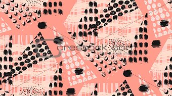 Abstract unusual hand made geometric seamless pattern or background with glitter, sharpen textures, brush painted elements. Poster, card, textile, wallpaper template.Pastel, black and white colors.