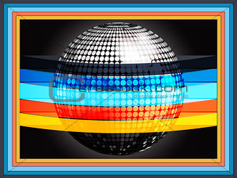 Silverd disco ball wrapped in multicoloured stripes on black fra