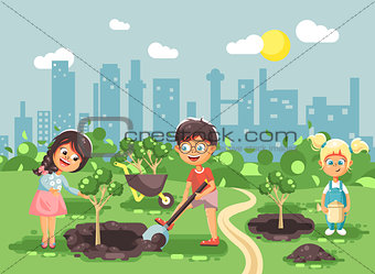 Vector illustration cartoon characters of children boy and girl planting in garden seedlings of tree, little child with water geek, taking care of ecology city in flat style for motion design