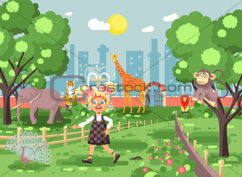 Vector illustration banner for site with schoolchild on walk, school zoo excursion zoological garden, blonde little girl monkey, peacock, elephant, lion, tiger, giraffe, wild animals flat style