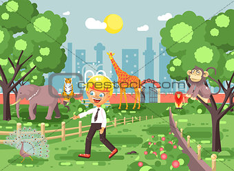 Vector illustration banner for site with schoolchild on walk, school zoo excursion zoological garden, blonde little boy monkey, peacock, elephant, lion, tiger, giraffe, wild animals flat style