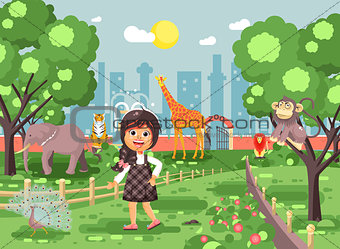 Vector illustration banner for site with schoolchild on walk school zoo excursion zoological garden, brunette little girl monkey, peacock, elephant, lion, tiger, giraffe, wild animals flat style