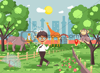Vector illustration banner for site with schoolchild on walk school zoo excursion zoological garden, brunette little boy monkey, peacock, elephant, lion, tiger, giraffe, wild animals flat style