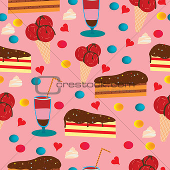 Seamless pattern with cake, ice cream and drink
