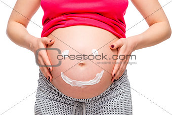smile on belly of pregnant woman, photo close up isolated