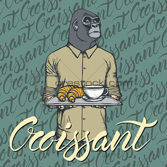 Vector Illustration of gorilla with croissant and coffee