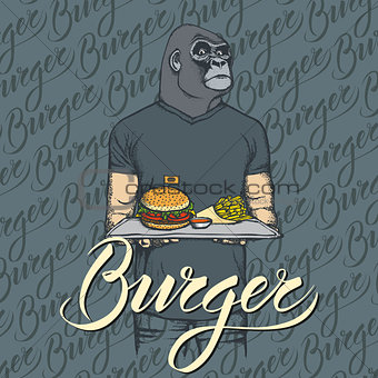 Vector Illustration of gorilla with burger and French fries